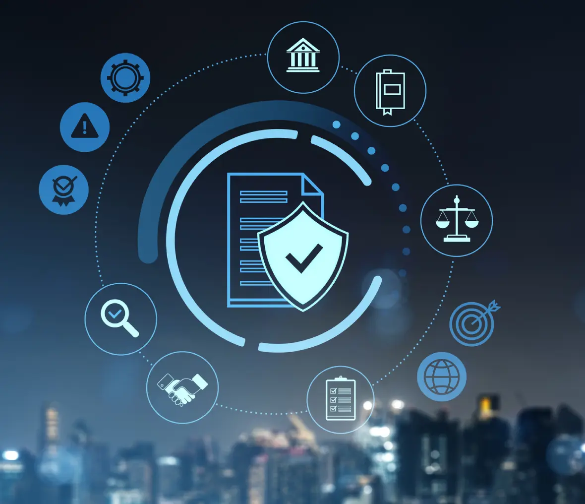 Document security and compliance icons over cityscape