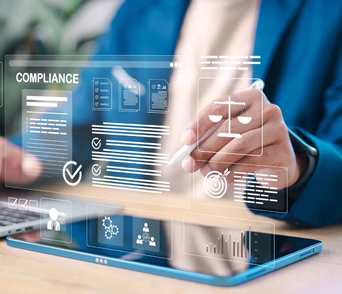 Person using tablet with compliance dashboard