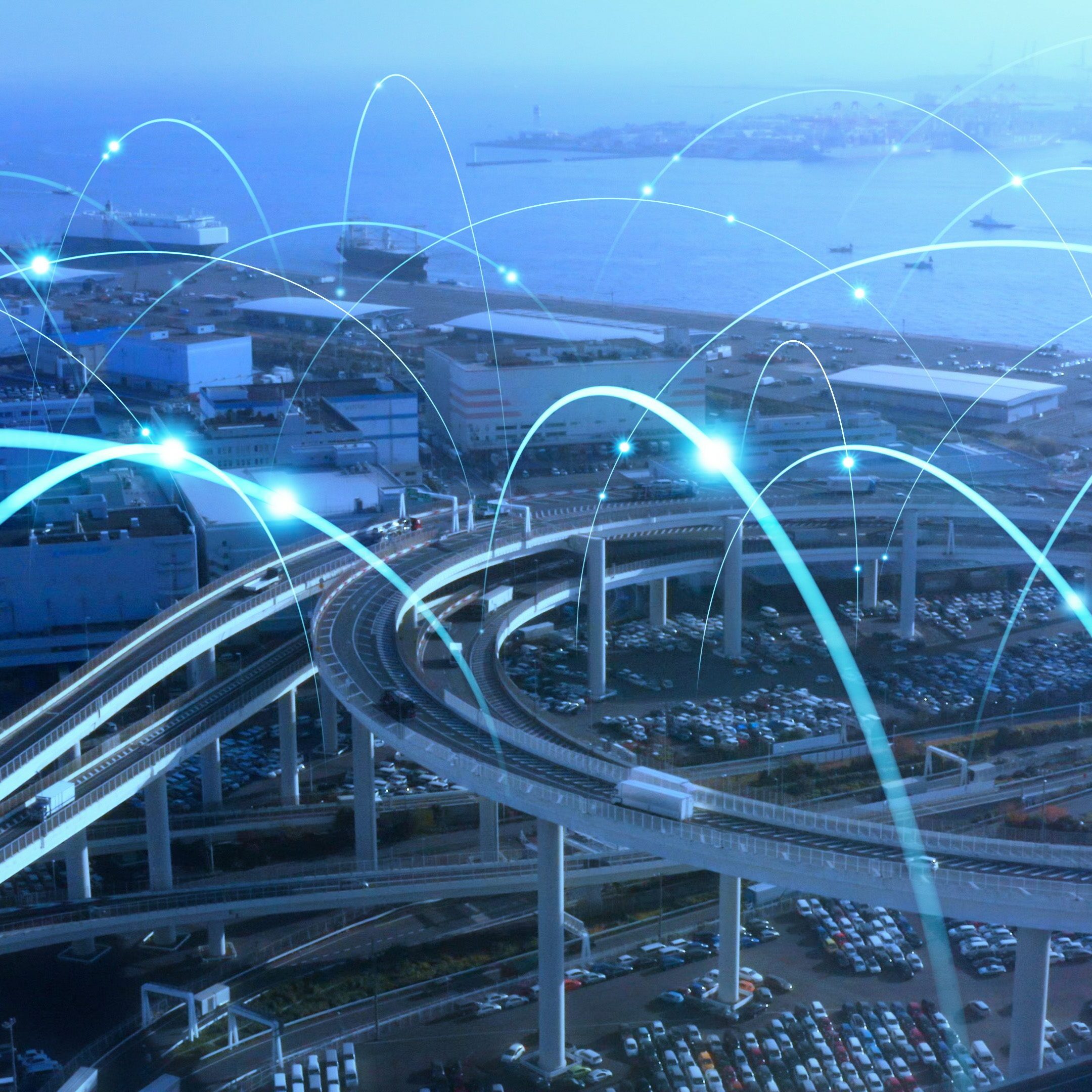 Aerial highway interchange with digital connectivity arcs