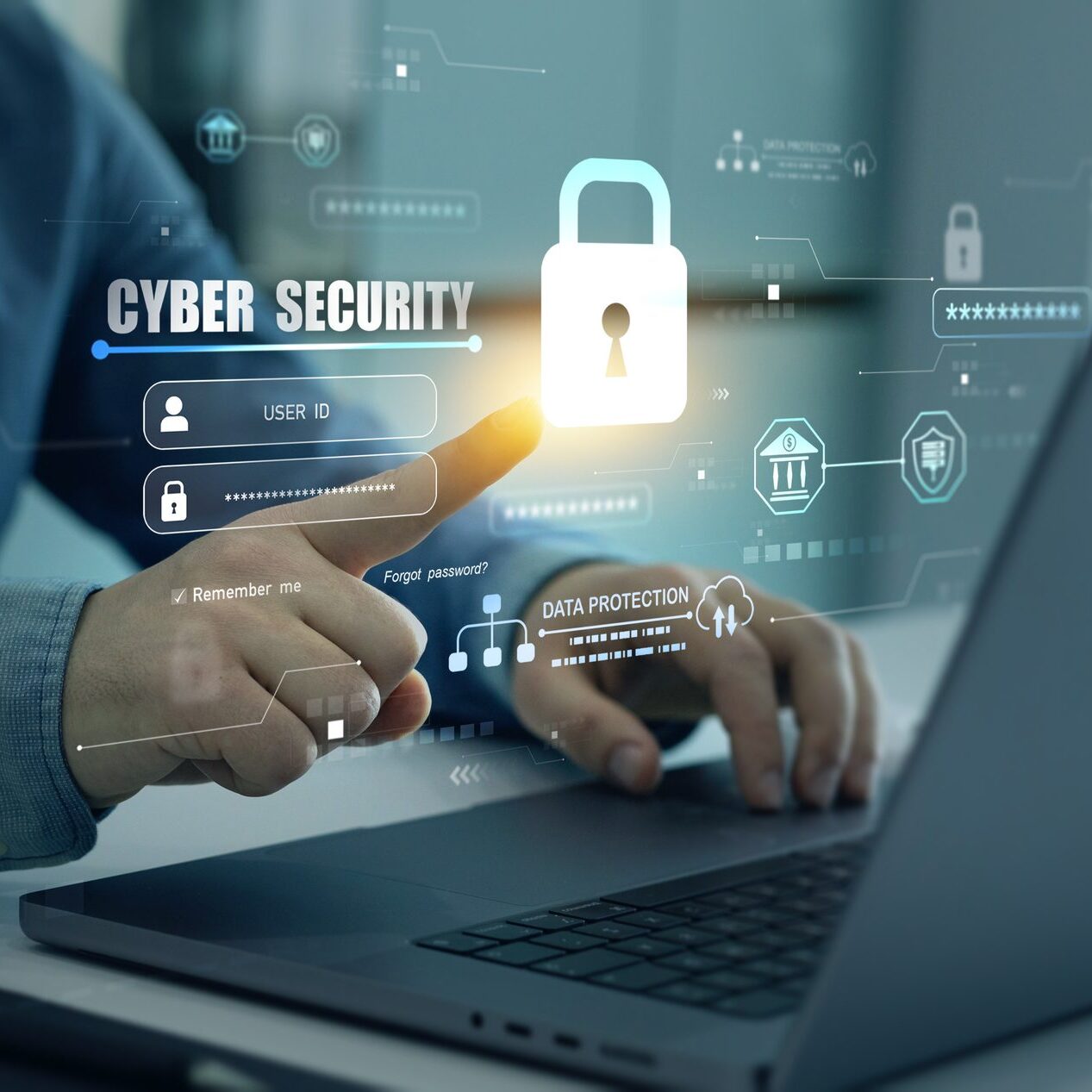 Person pointing at cybersecurity lock on laptop