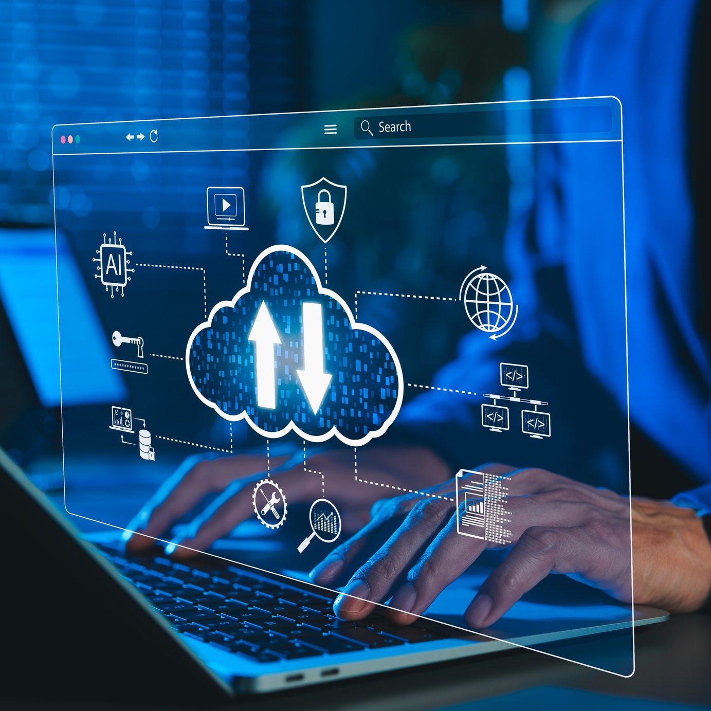 Hands typing on laptop with cloud icons