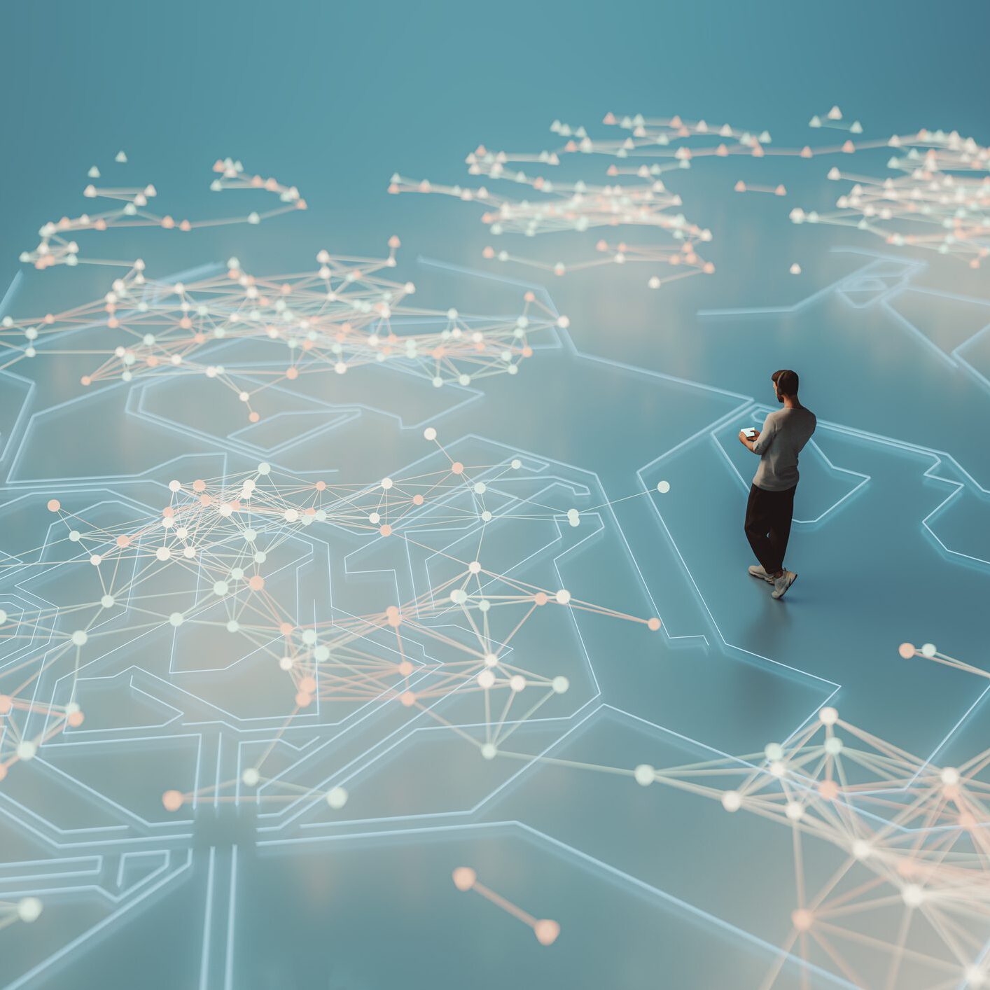 Person standing on glowing digital network map